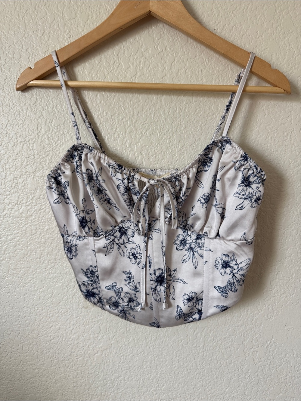PacSun White Crop Top with Navy Floral Print and Tie Front